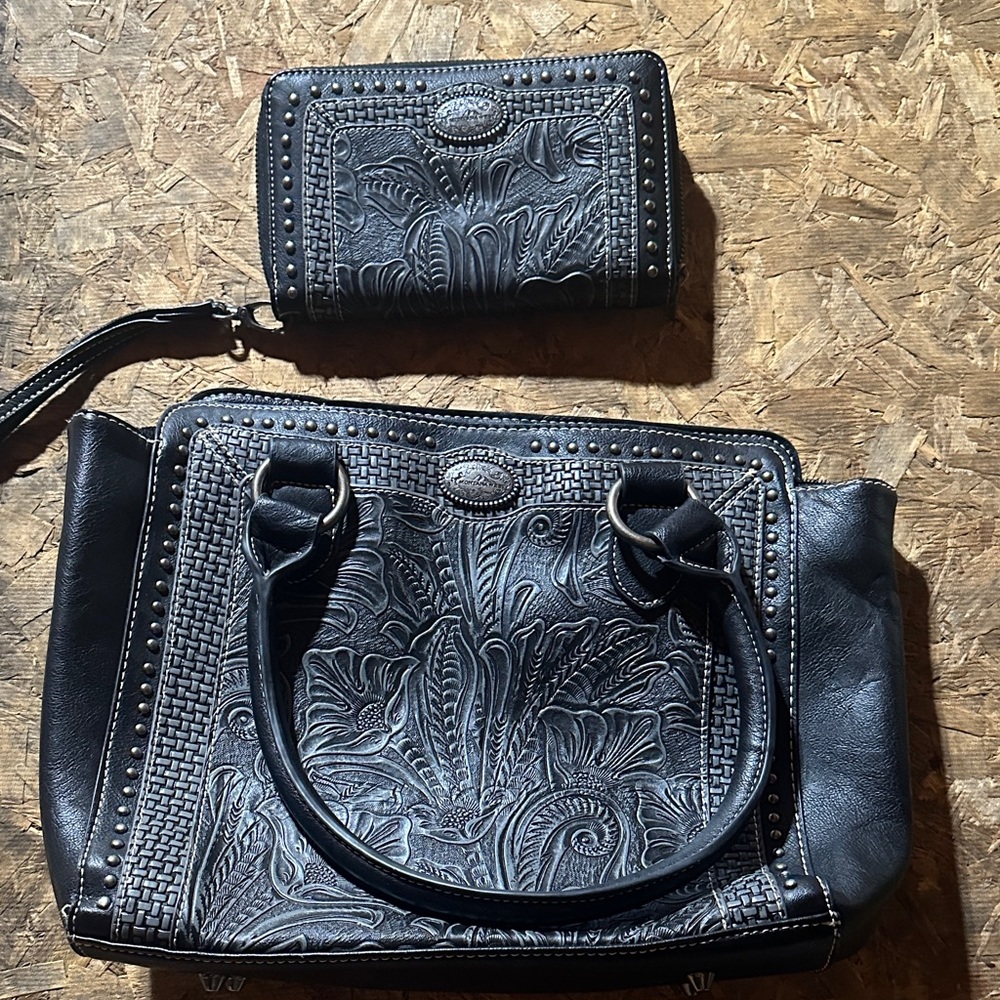 Montana West Black Embossed Shoulder Bag Set